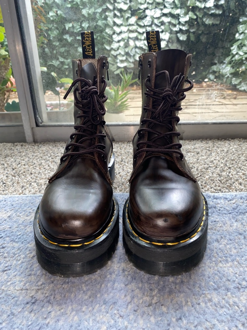 Dr. Martens Platform Boots in Dark Brown with Yellow Stitching - Picture 2 of 5